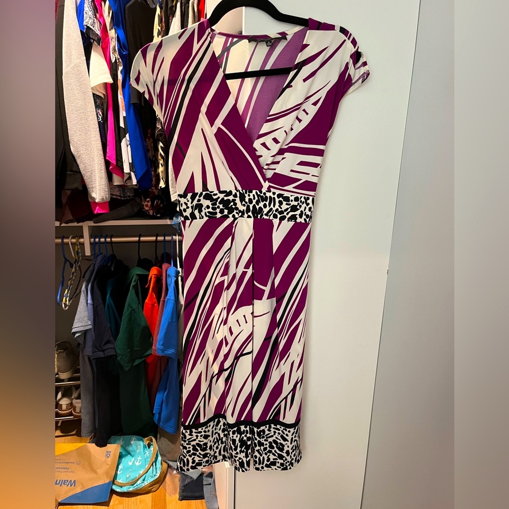 Knee length, purple striped cocktail dress